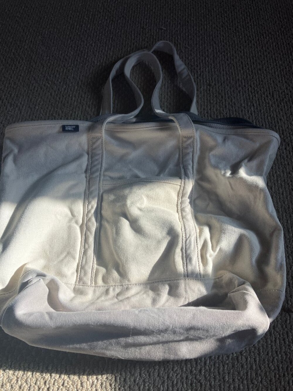 Lands' End Extra Large Heavy Duty Canvas Tote Cream/Gray -Inside Pockets-Beach